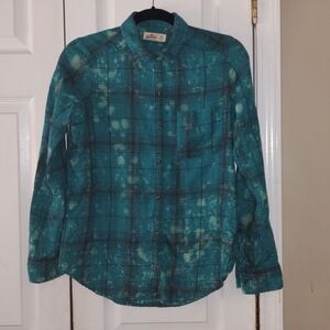 Hollister teal plaid bleach pattern long sleeve light flannel shirt  Sz XS